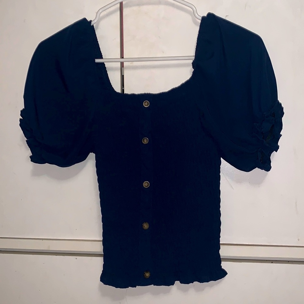 dark blue scrunched blouse